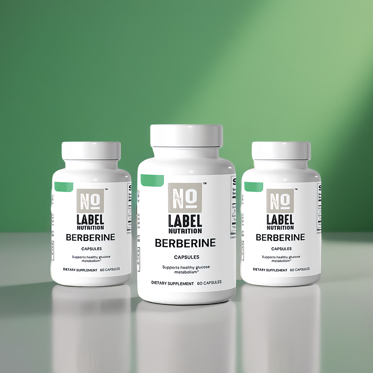 Three white supplement bottles labeled 