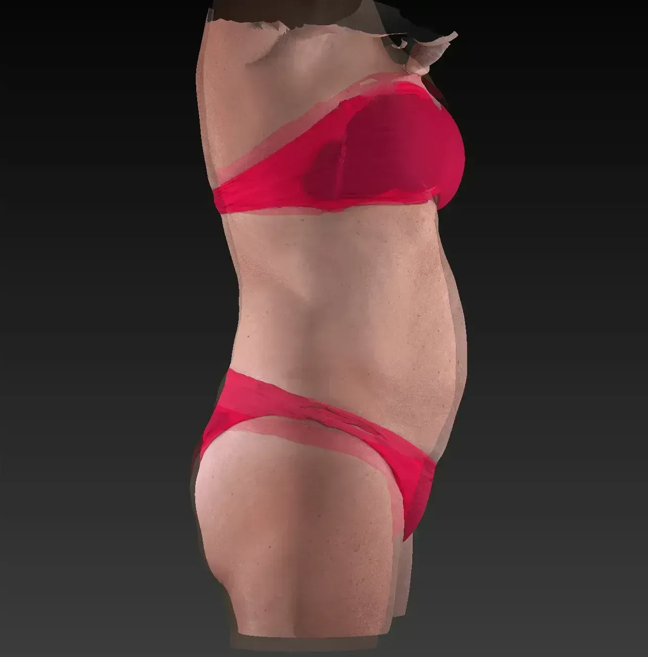 Woman in a red bikini, side view. Body scan with translucent effect.