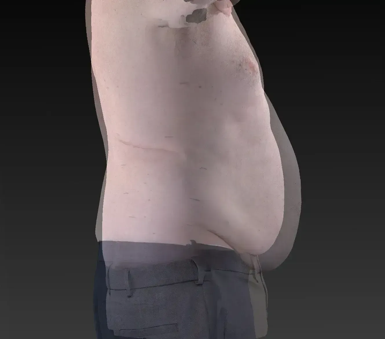 Side view of a torso with visible belly and slightly raised shoulders, wearing dark pants.