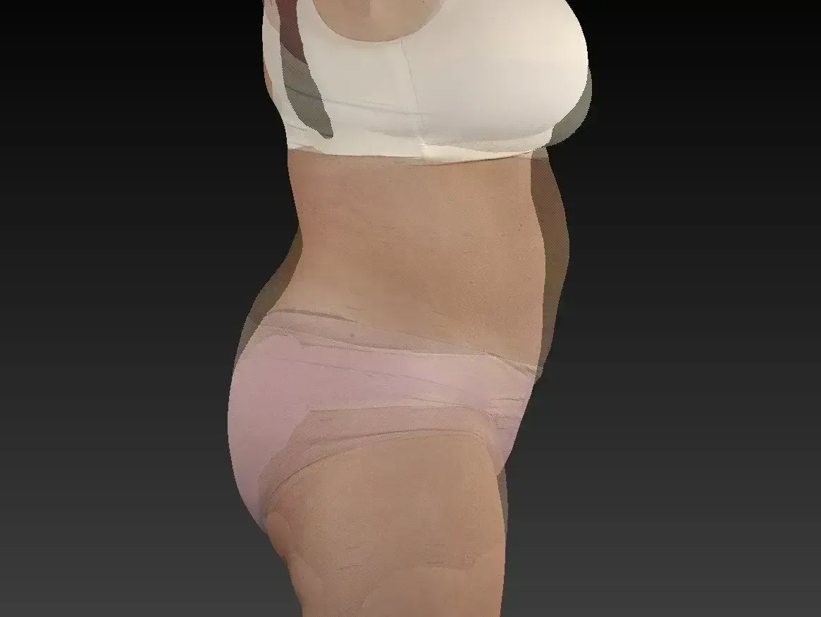 Side view of person's torso in underwear and a top against a dark background, showing a 3D scan or rendering.