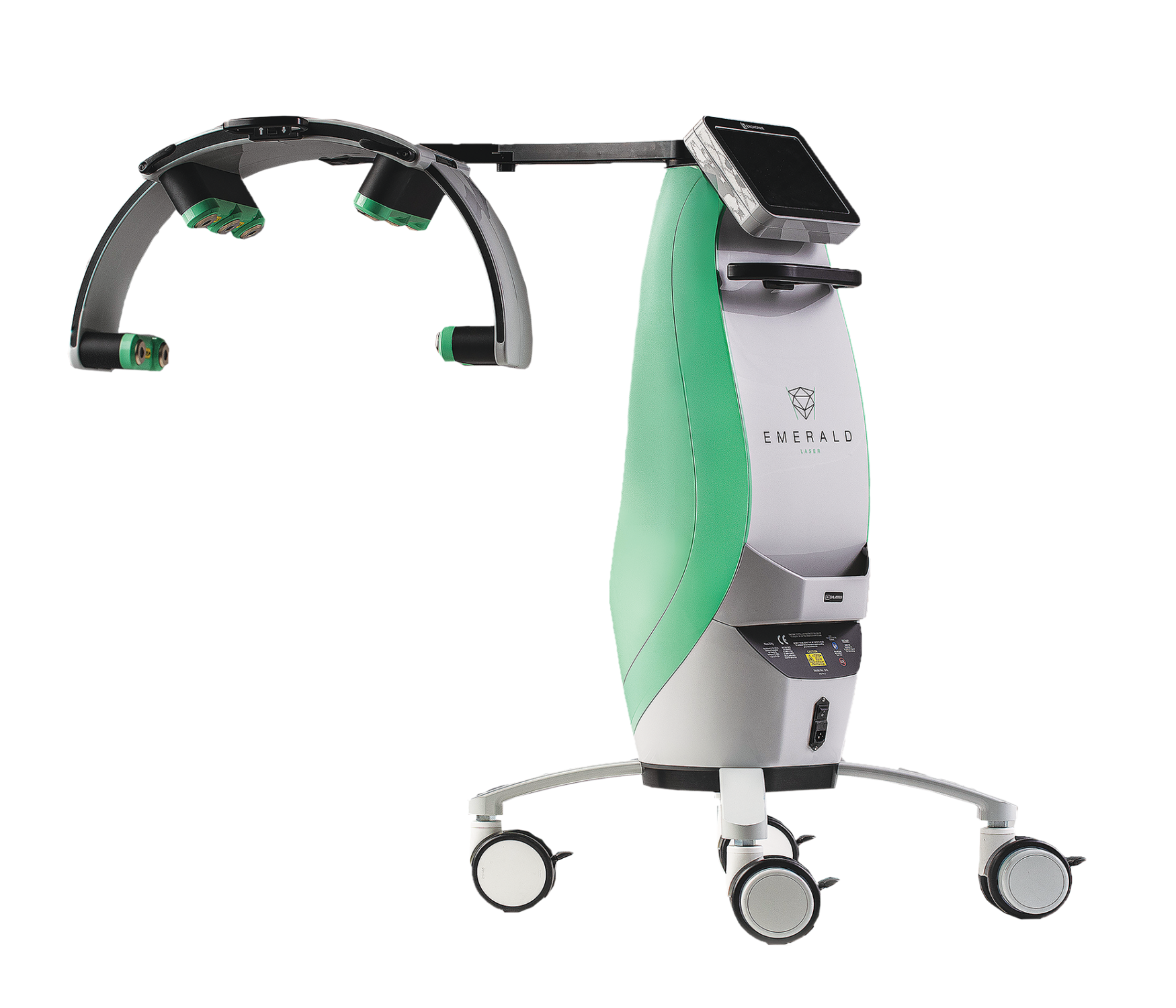 Medical device on wheels, green and gray, with curved arm holding probes.