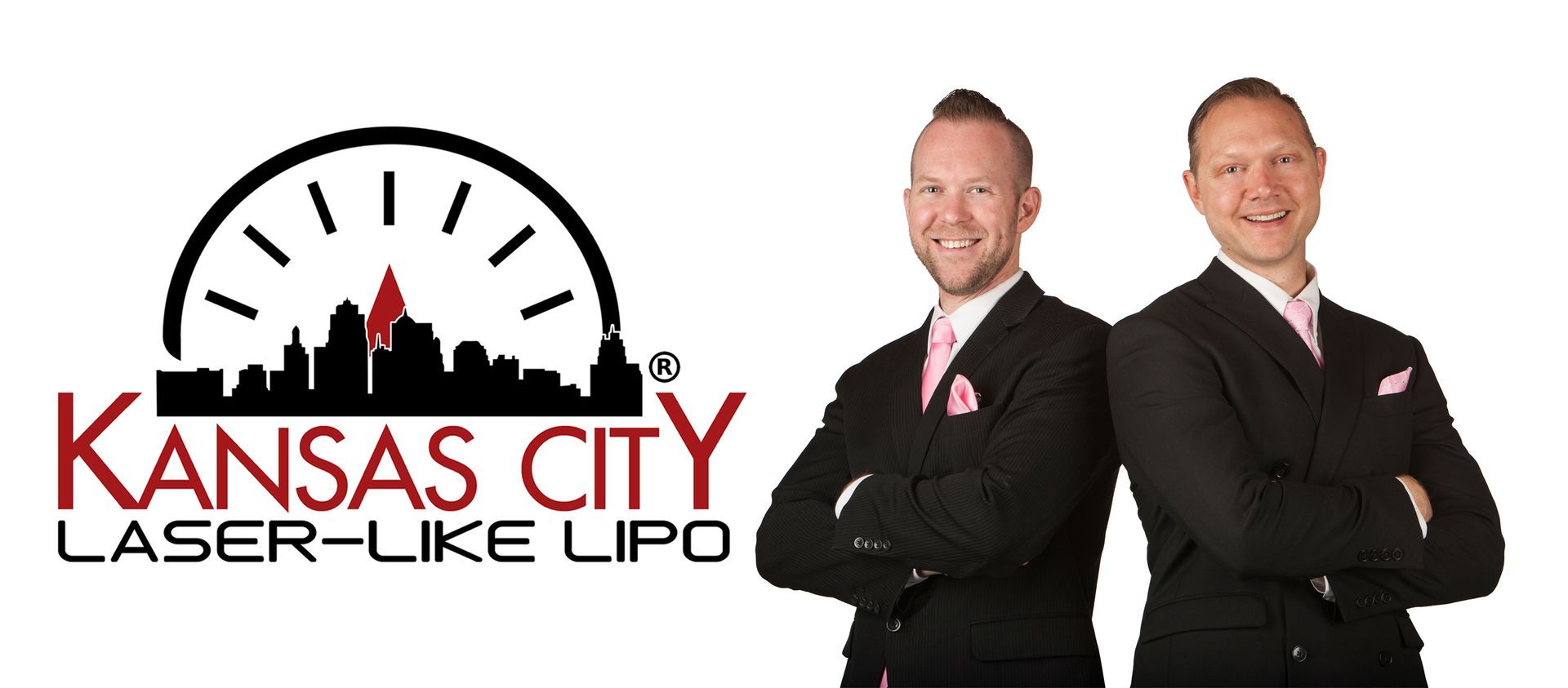 Two men in black suits stand back-to-back, smiling. Kansas City Laser-Like Lipo logo on the left.