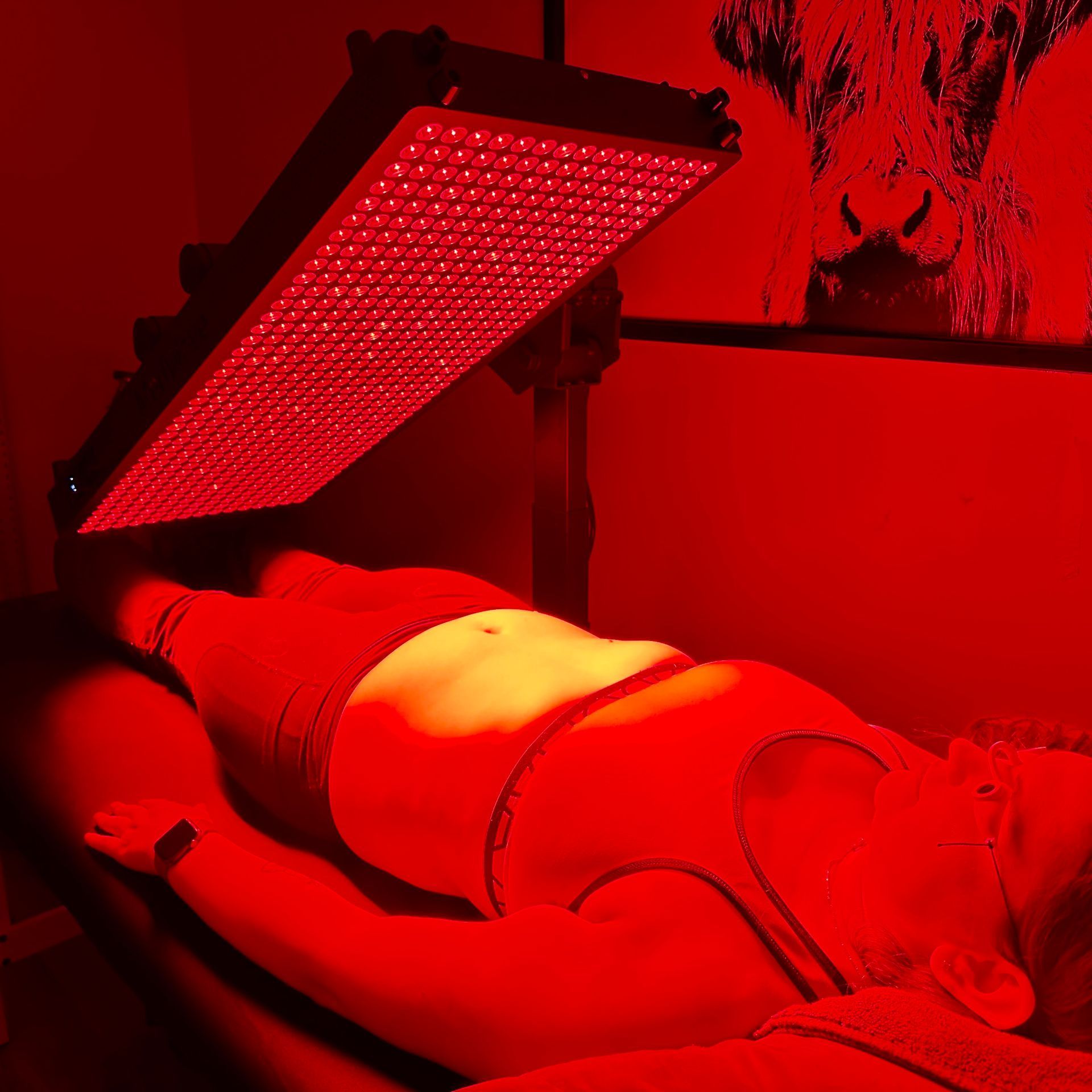 Person lying under red light therapy panel.