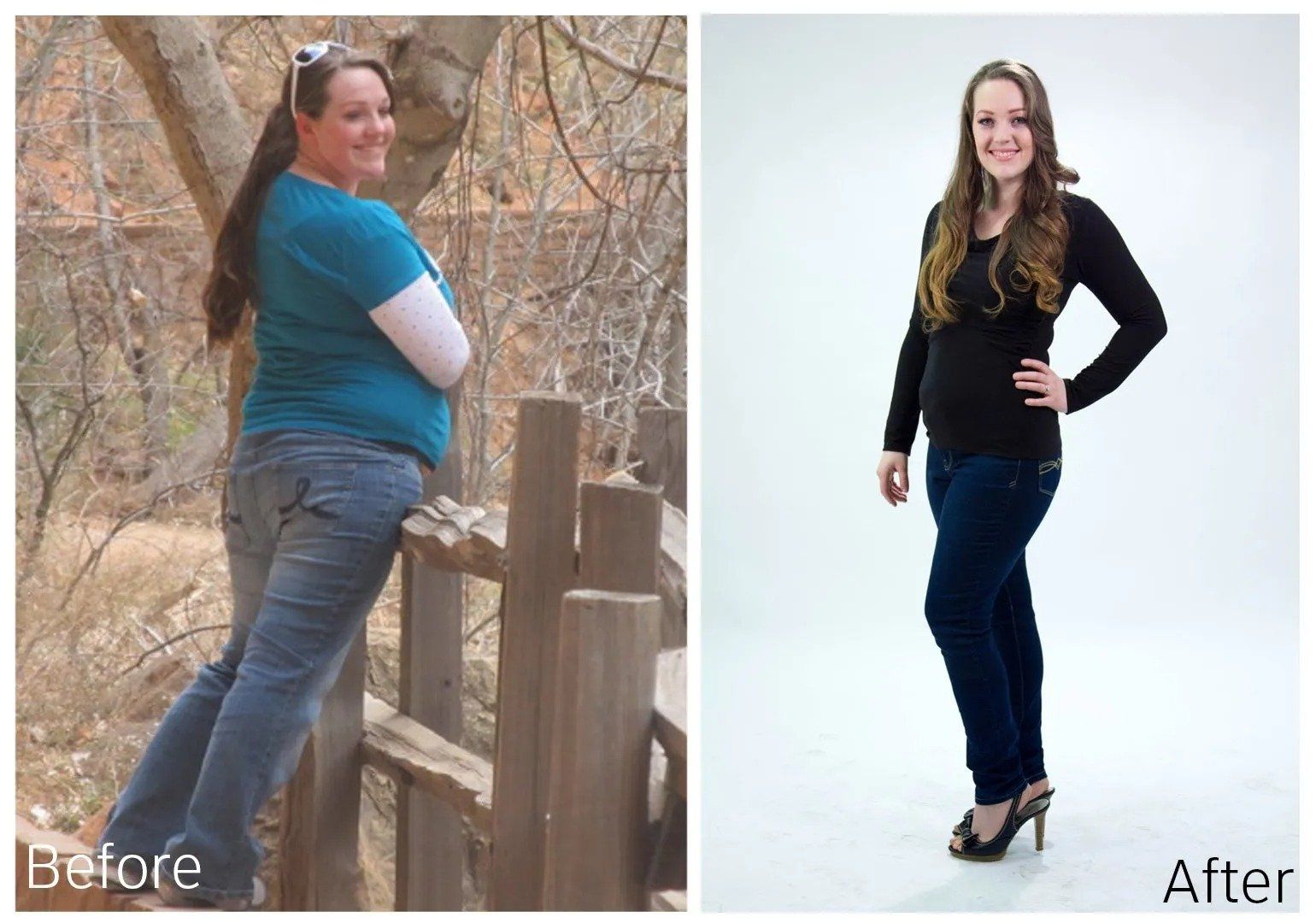 Weight loss transformation: Woman in jeans, before leaning on a fence, after standing against a backdrop.