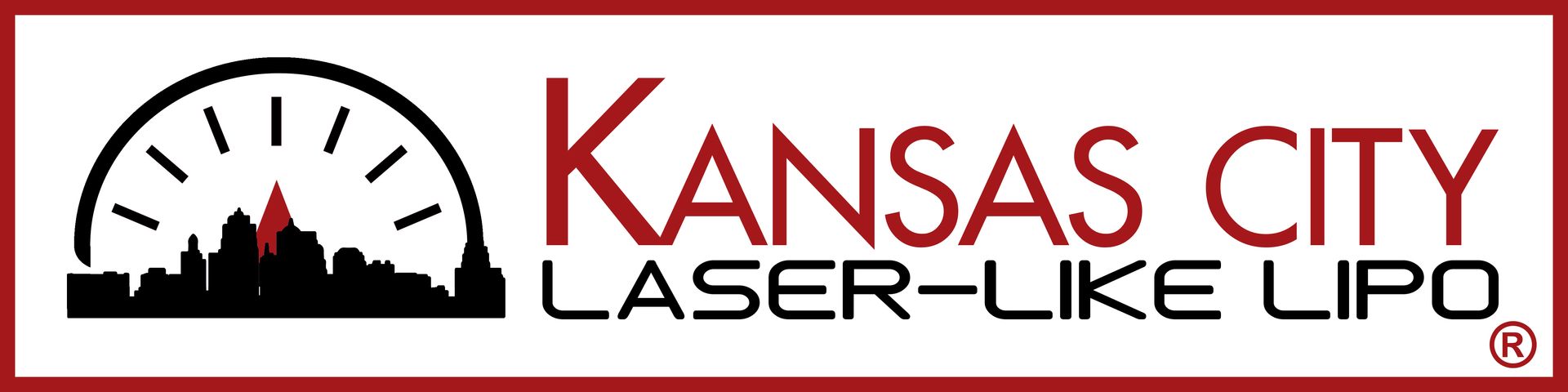 Logotipo para Kansas City Laser-Like Lipo con un gráfico de horizonte y reloj, texto rojo sobre fondo blanco con un borde rojo.