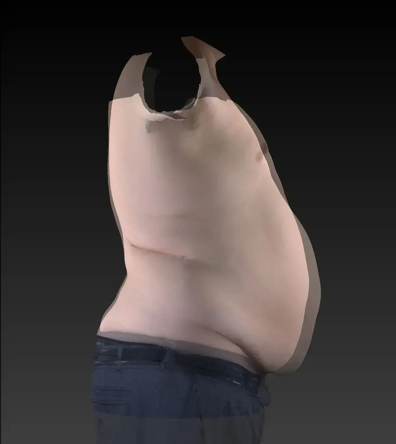 Side view of a torso with a visible belly, wearing dark pants, against a dark background.