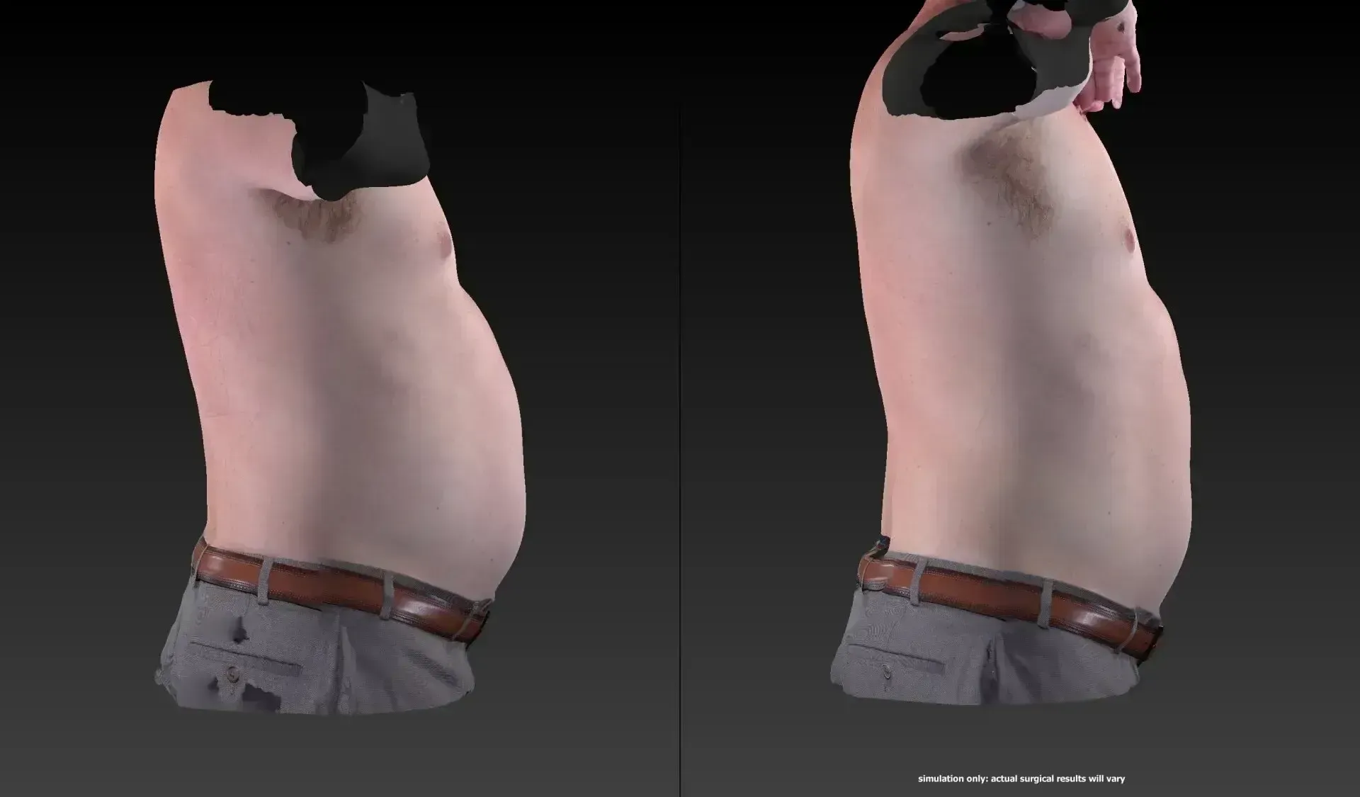 Two side-view renderings of a person's torso. Visible belly with pants and brown belt.