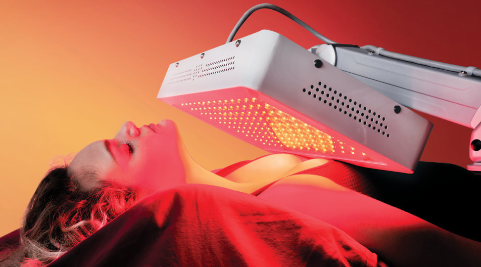 Woman receiving red light therapy treatment; device shines on her face and chest.