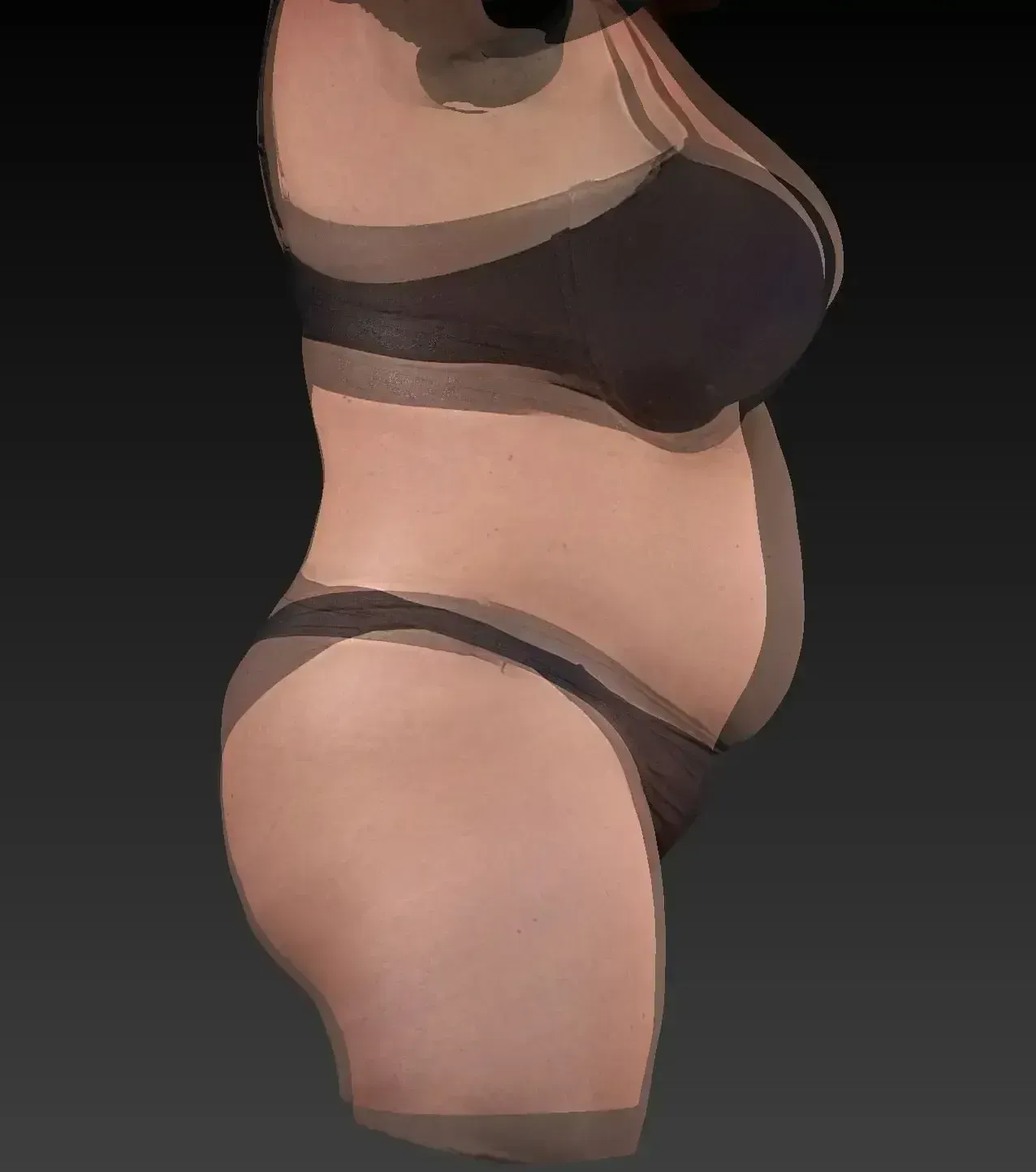 Side view of a person in black lingerie, showing the shape of their torso.