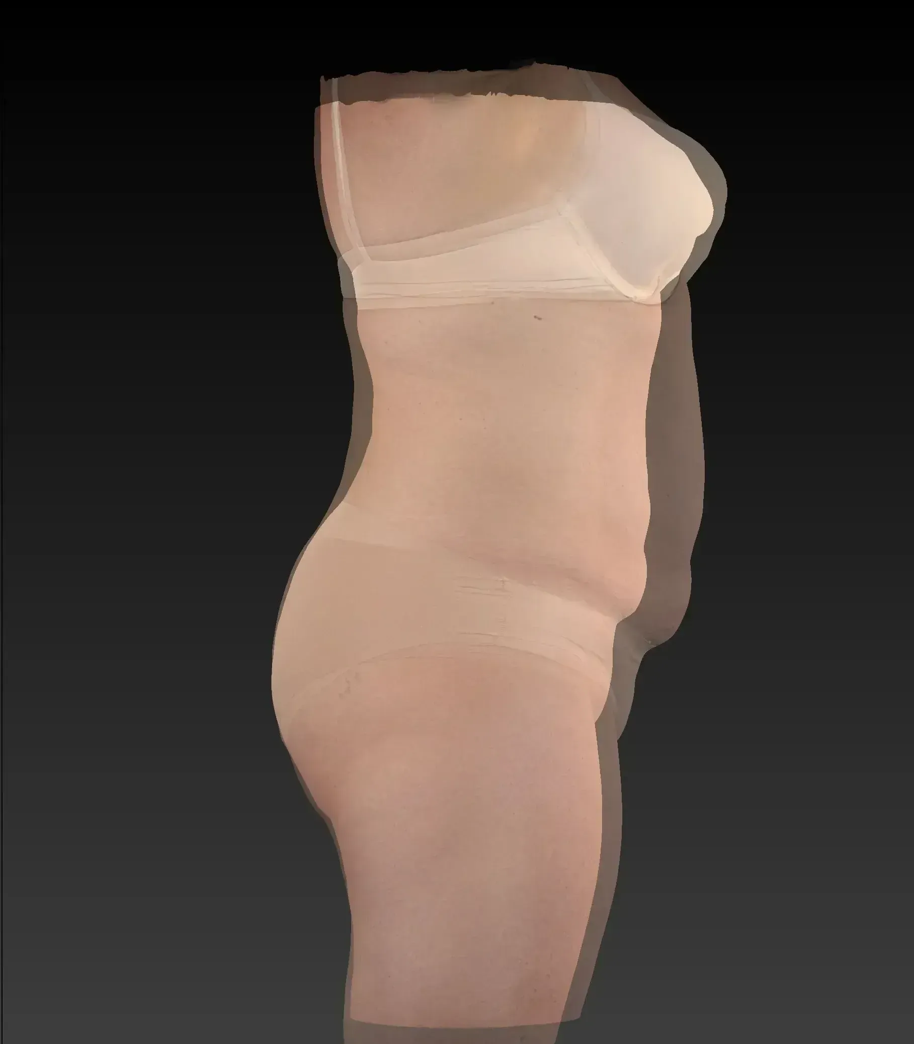 Side view of a person wearing beige underwear and a bra, against a gray background.