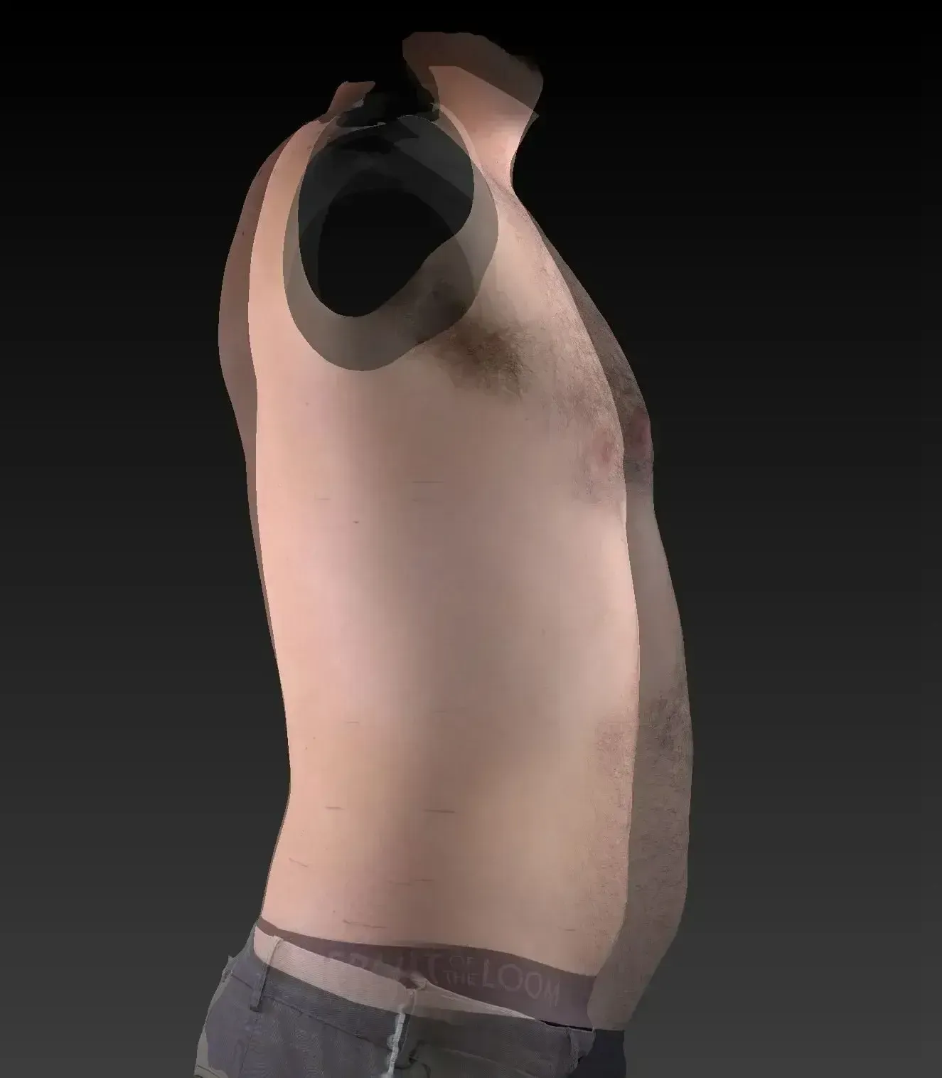 Side view of a torso with visible stomach, chest, and arms, with a transparent outline overlaid.