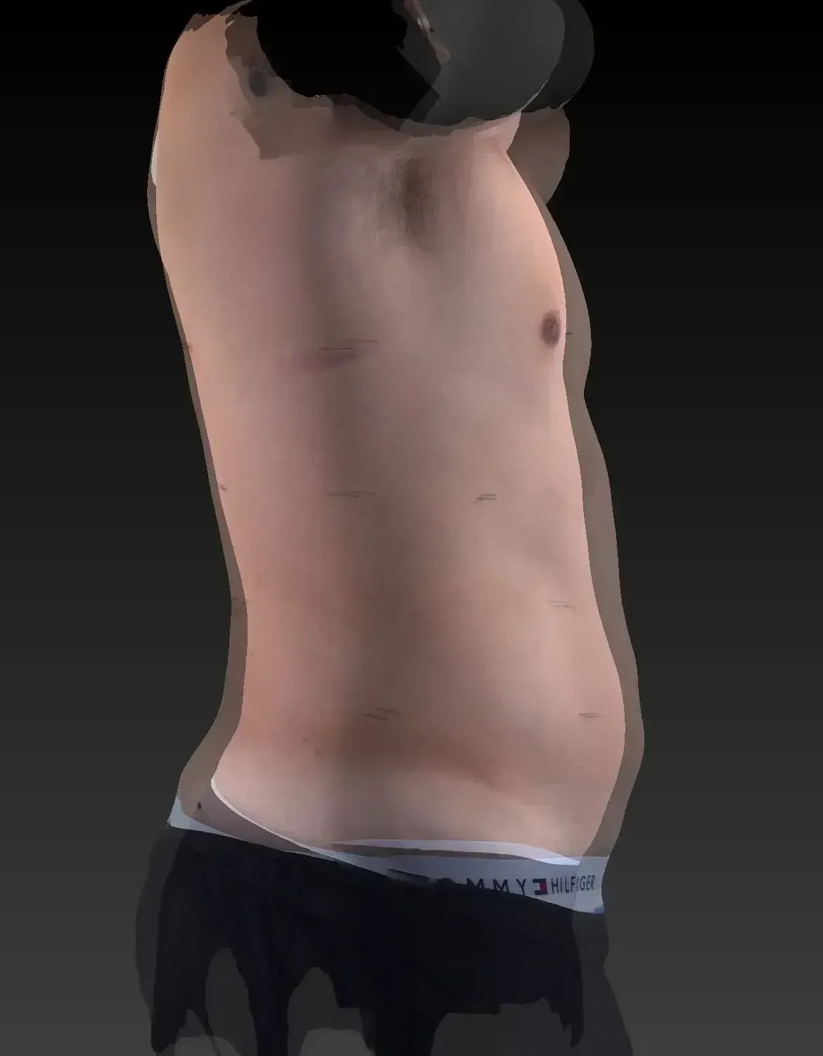Side view of a torso in dark underwear, showing a slightly rounded abdomen.