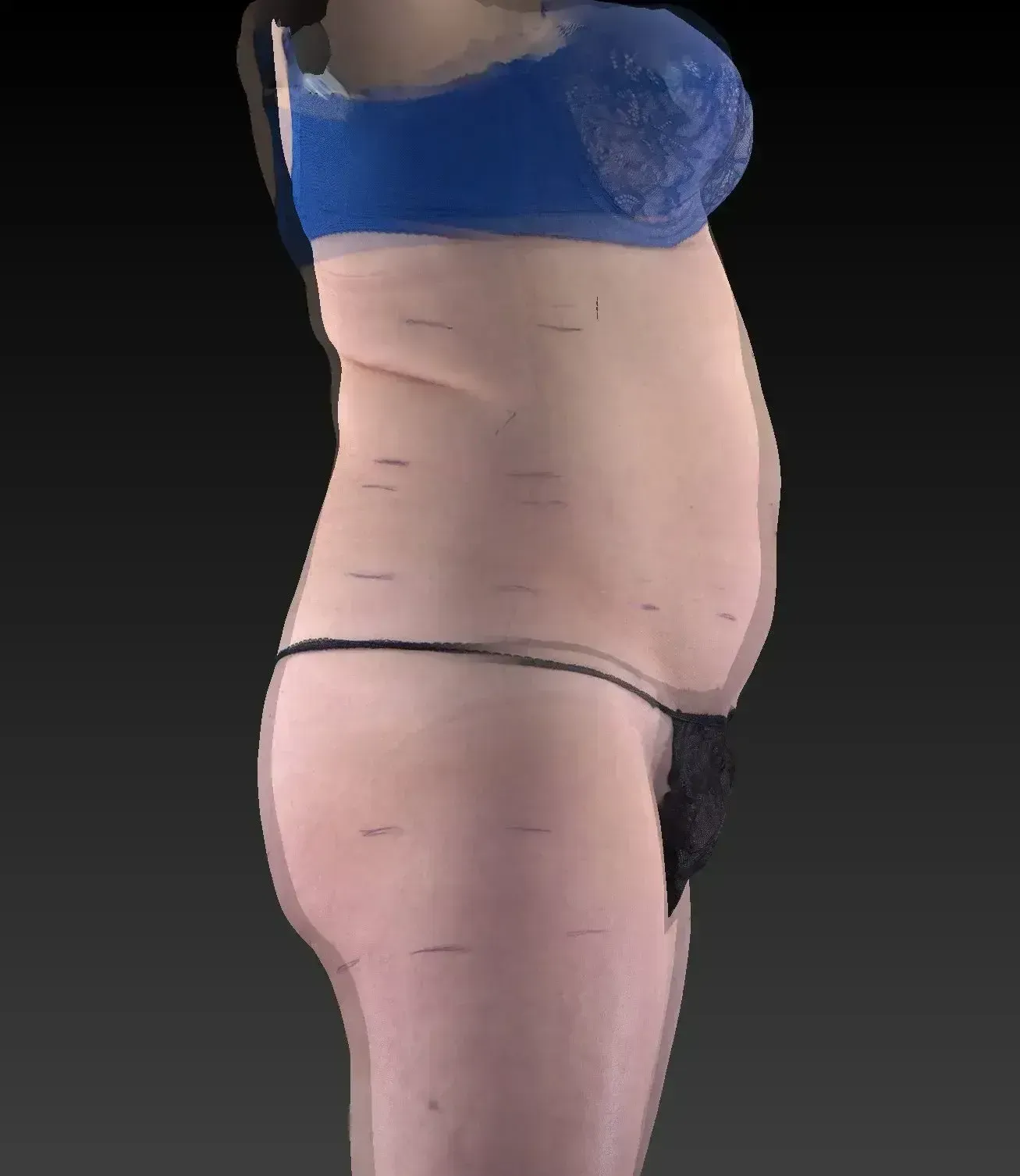 Side view of a person wearing a blue bra and black underwear, showing their torso.