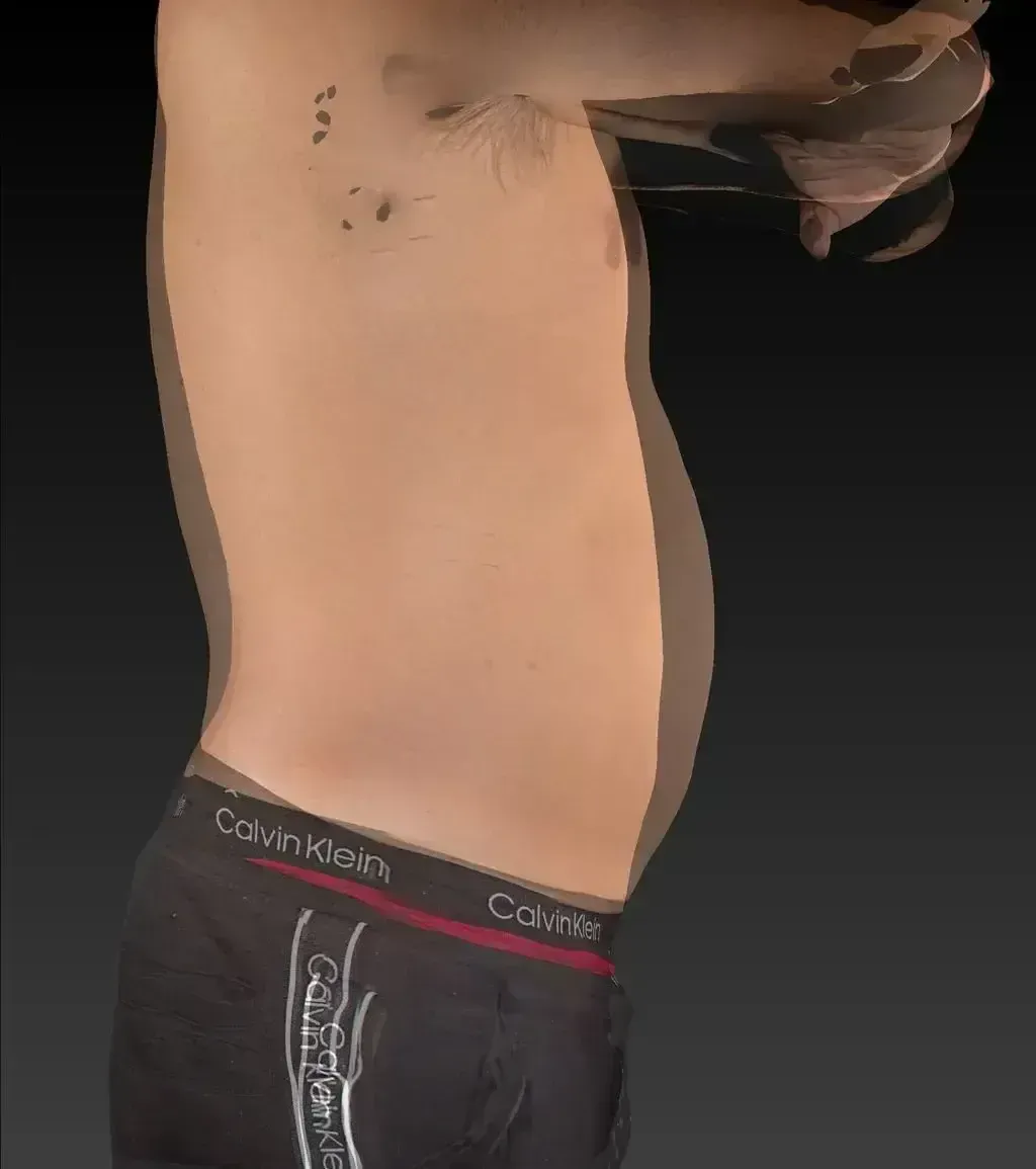 A person in black underwear, side view, showing torso and stomach. Arms are raised.