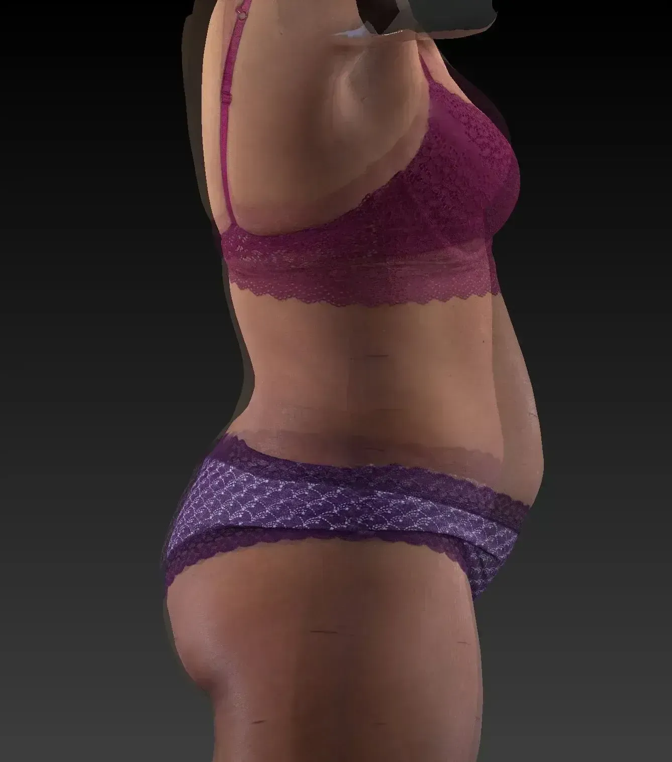 Side view of a person in a purple lace bra and underwear, with a dark background.