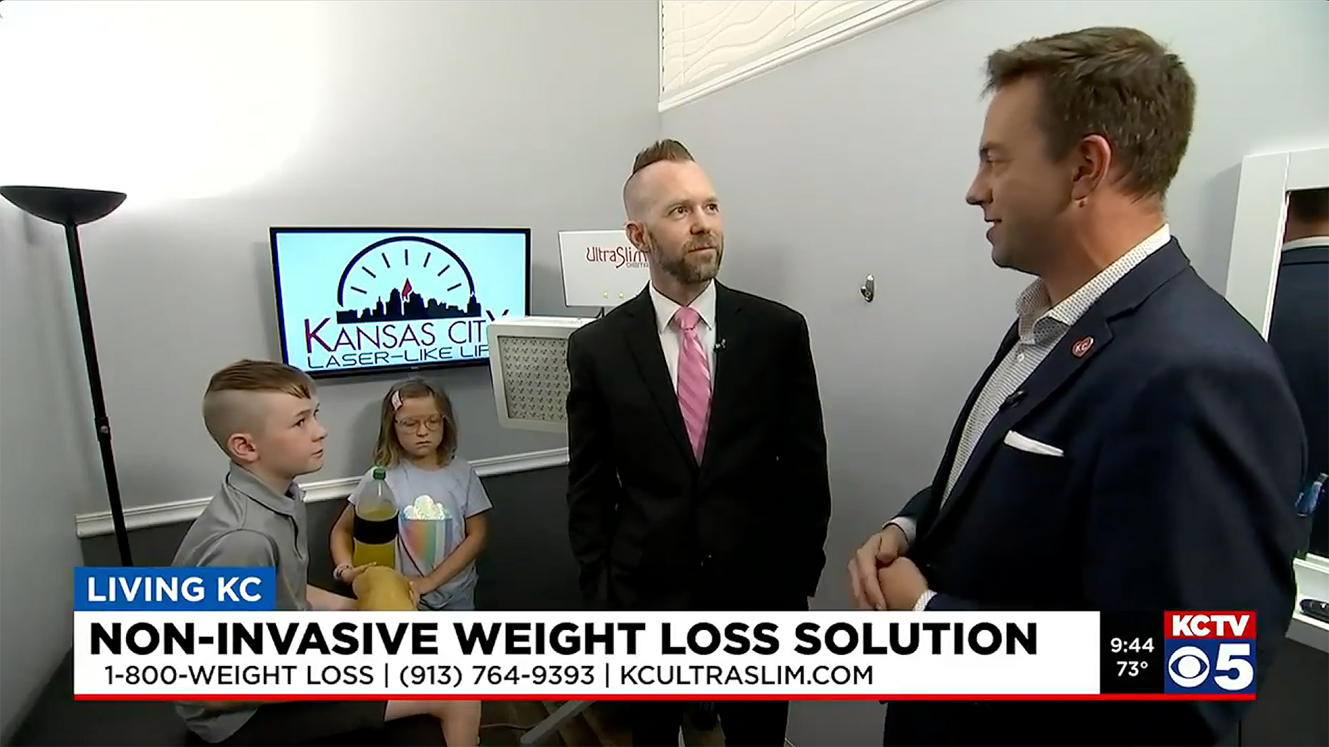TV news segment: man interviewing another man in a clinic, children watch, weight loss promotion.
