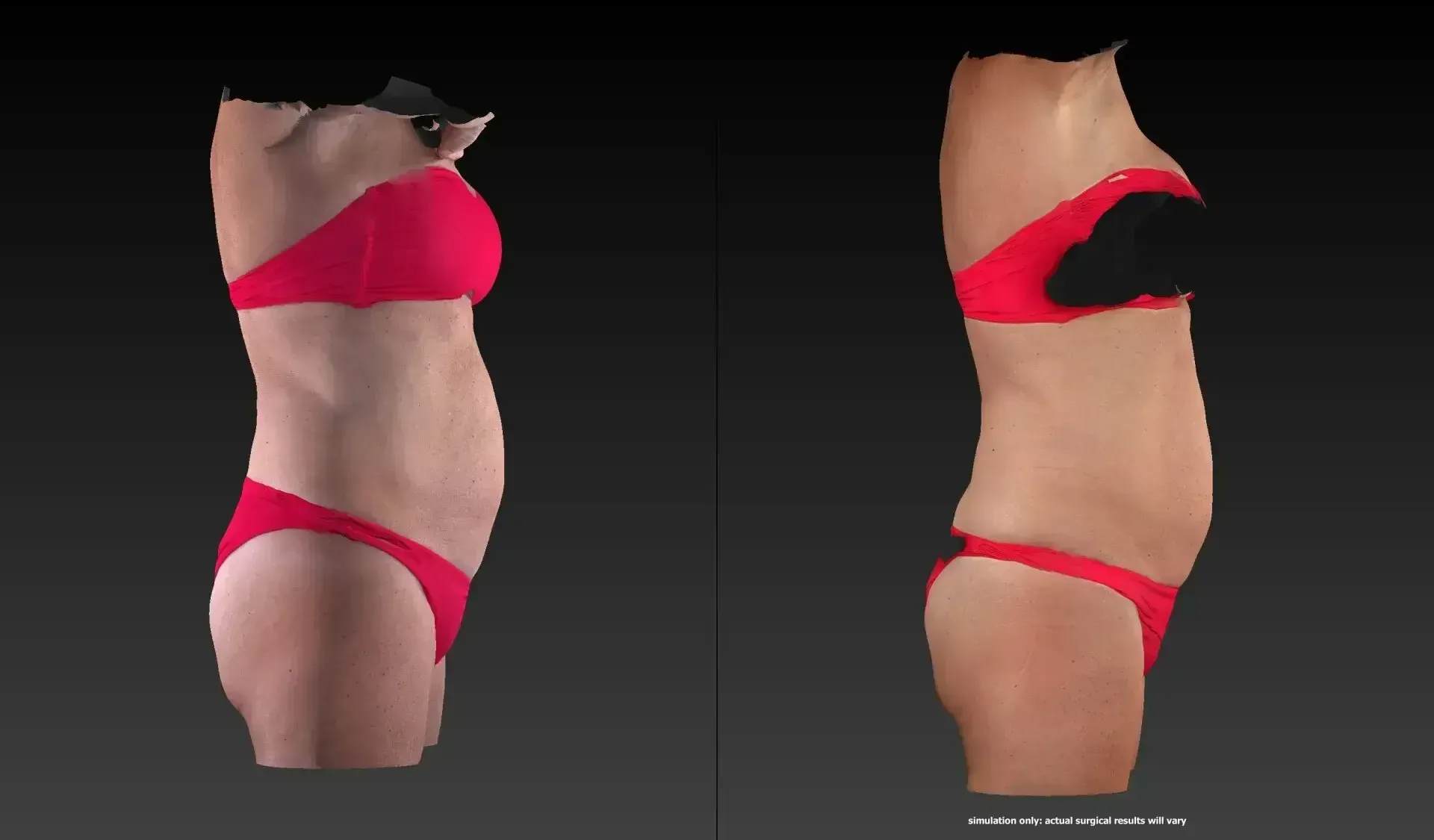 Two side views of a person wearing a red bikini.