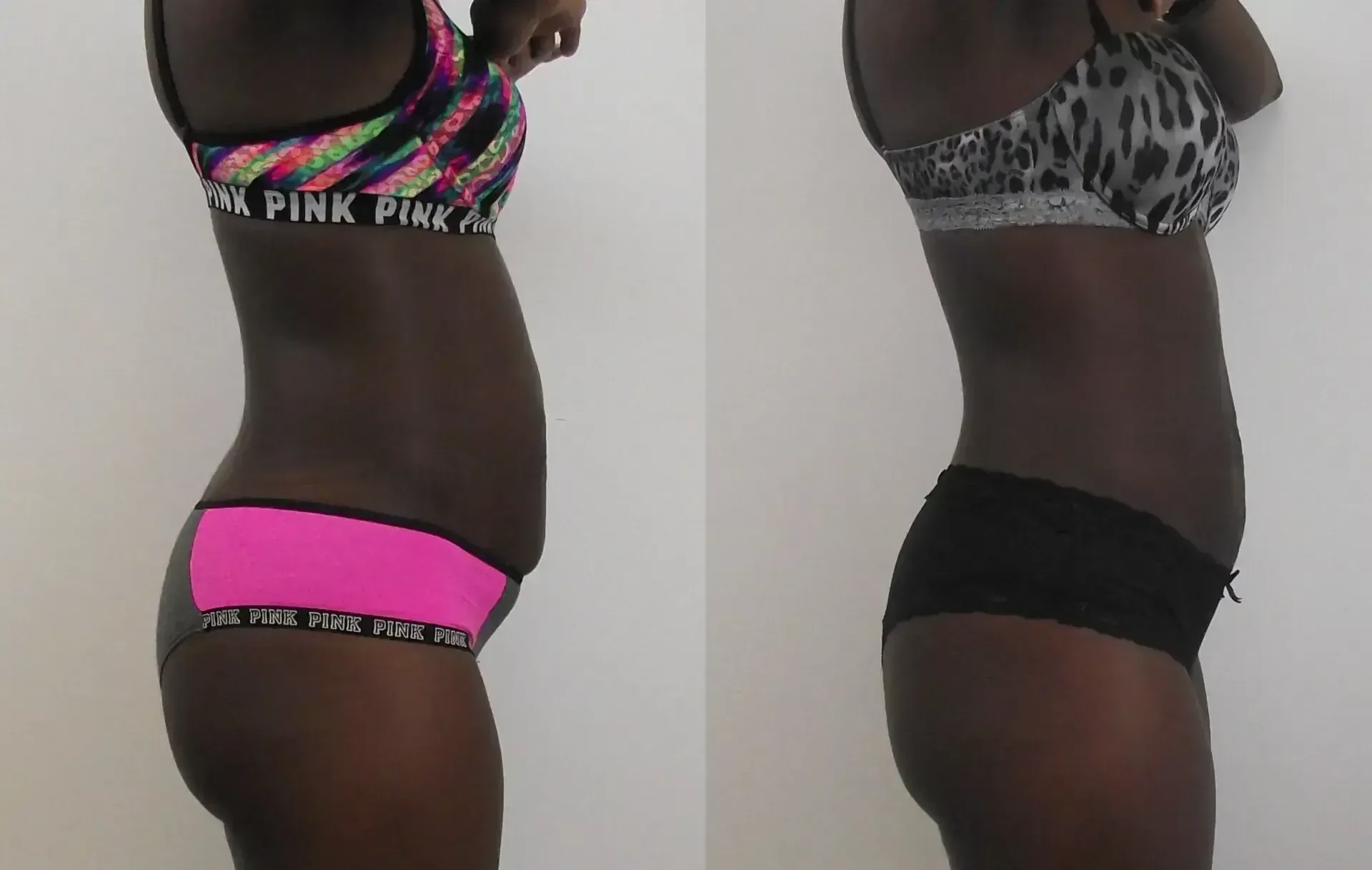 Side-by-side view of a person's torso in underwear and a sports bra, possibly illustrating before and after body changes.