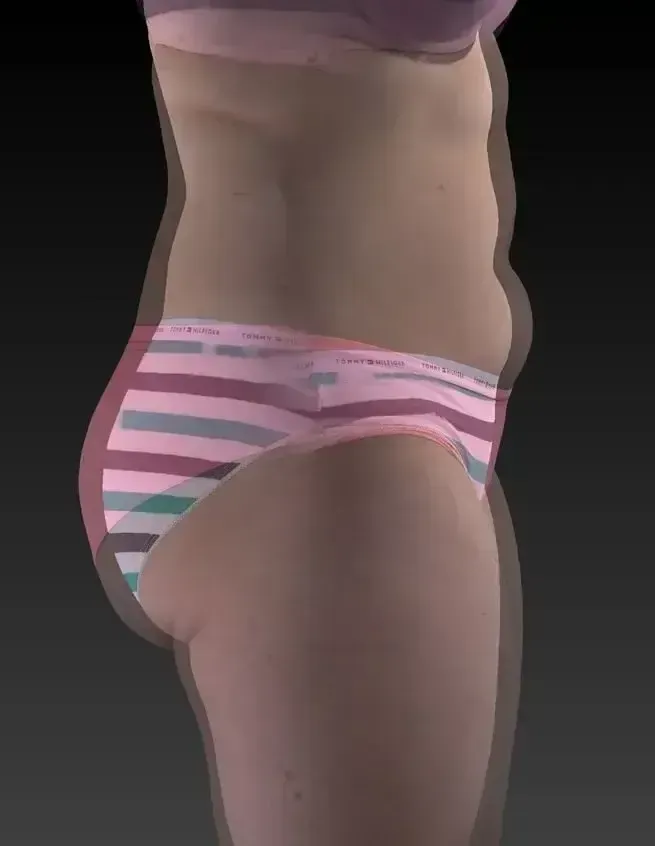 Side profile of a person in underwear, multiple layers showing changes in shape.