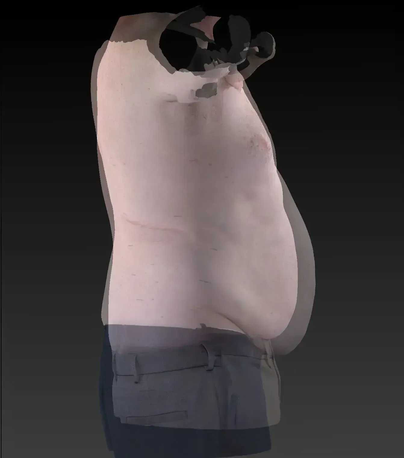 Profile view of a torso, showing a bulging belly and partially visible dark pants.