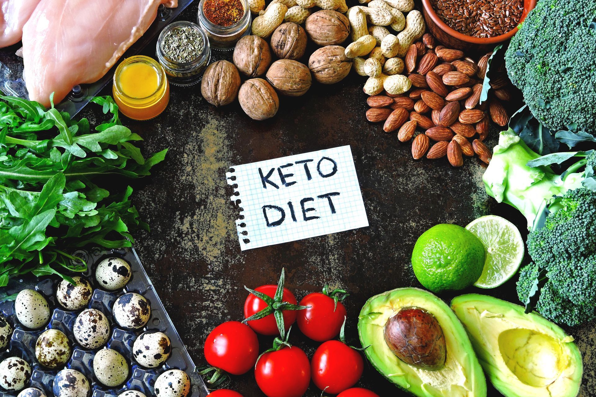 Assortment of keto diet foods: chicken, nuts, vegetables, eggs, avocado, and tomatoes.