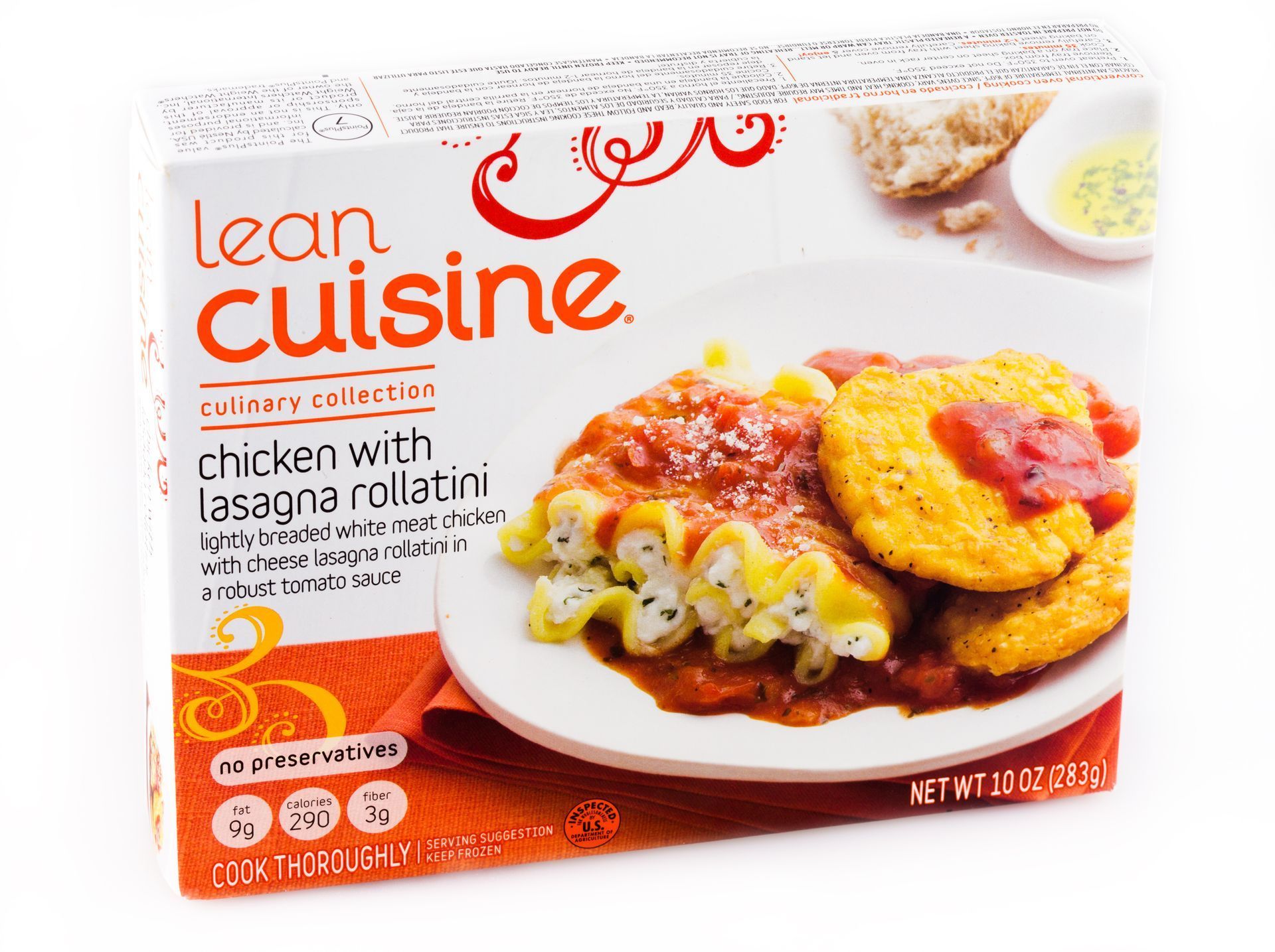Lean Cuisine Chicken with Lasagna Rollatini frozen meal on white background.