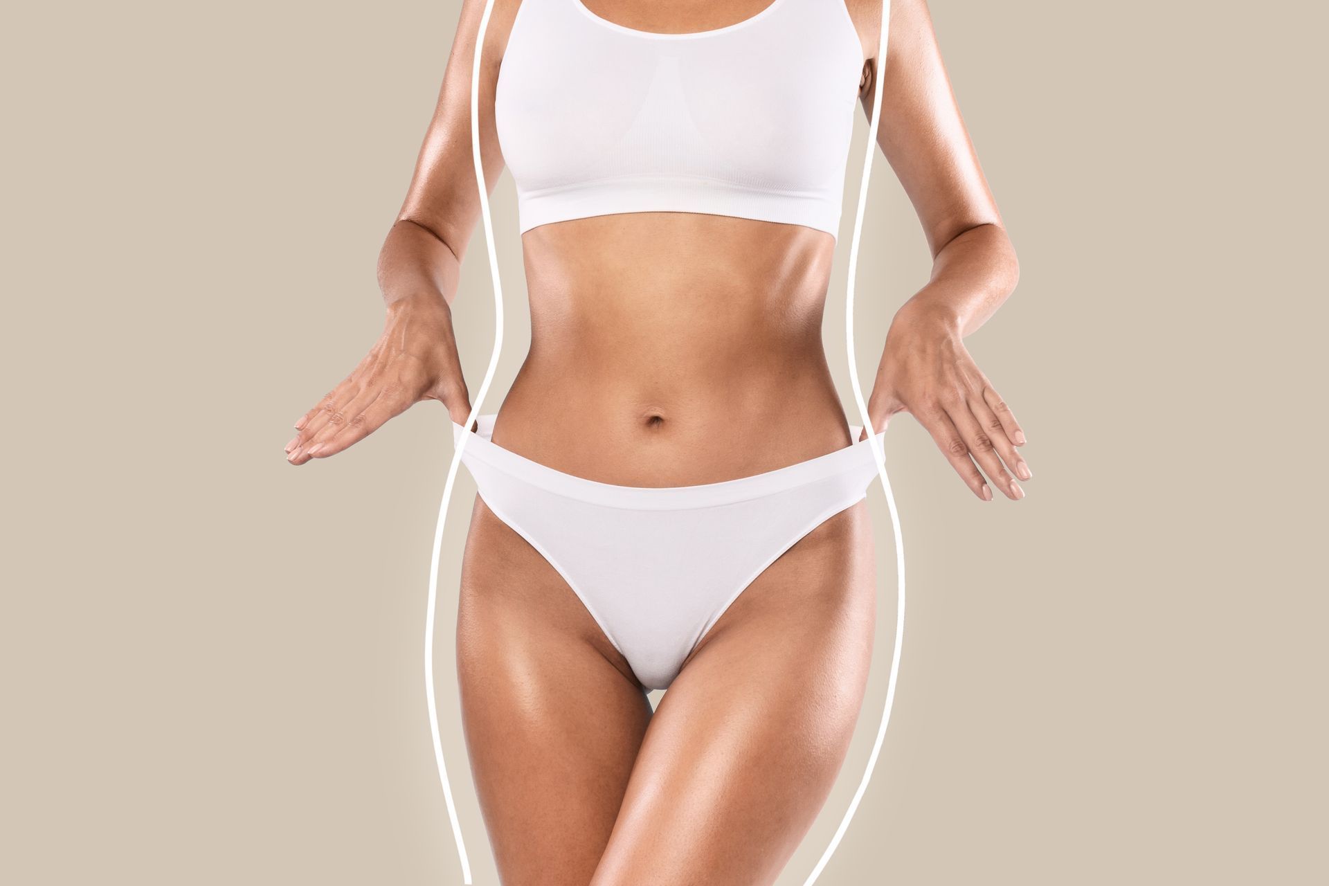 Woman in white underwear and sports bra with a highlighted body contour on a beige background.