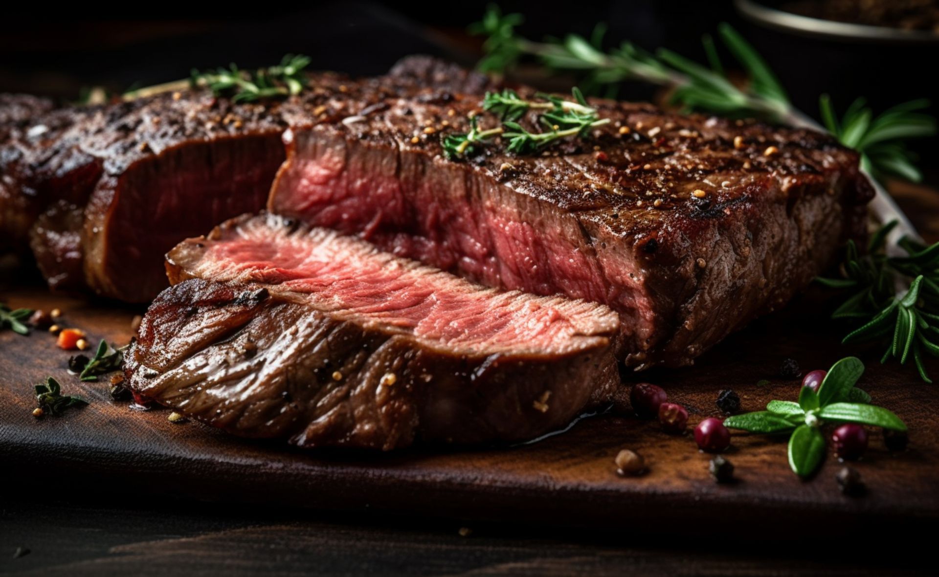 Sliced, medium-rare steak on a wooden board, garnished with herbs and peppercorns.