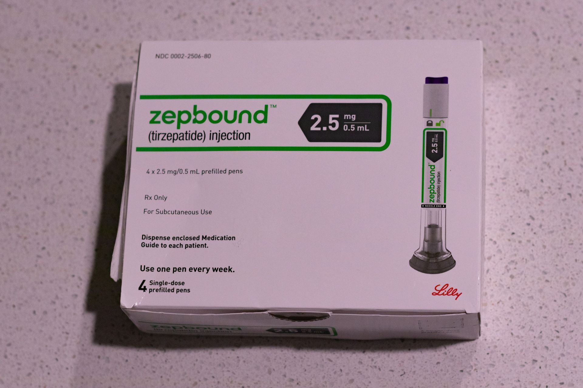 Box of Zepbound 2.5mg injection with a pen injector visible. White and green branding on a white surface.