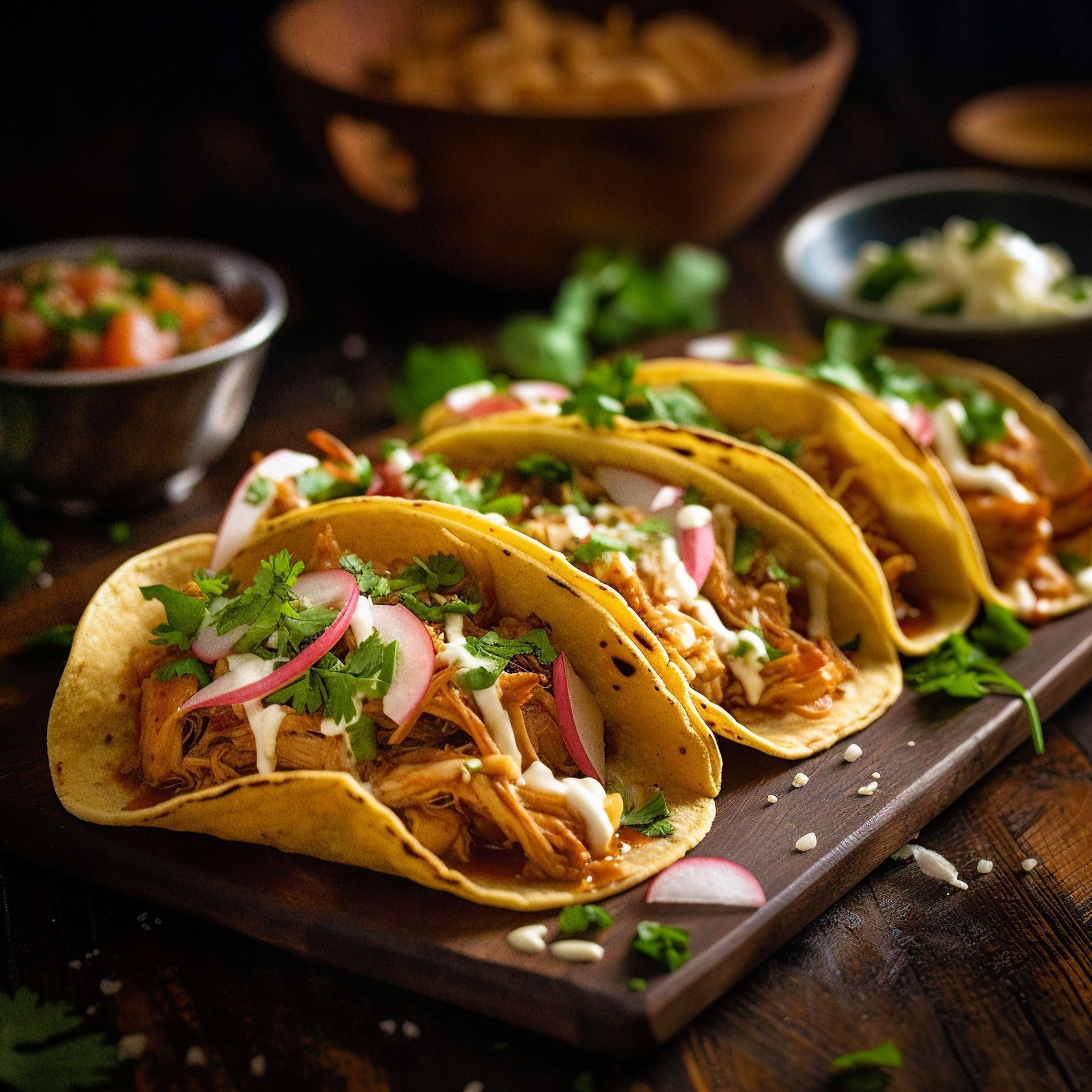 Tacos on a wooden board with toppings: radish, cilantro, and sauce, with bowls of salsa, cheese, and meat.