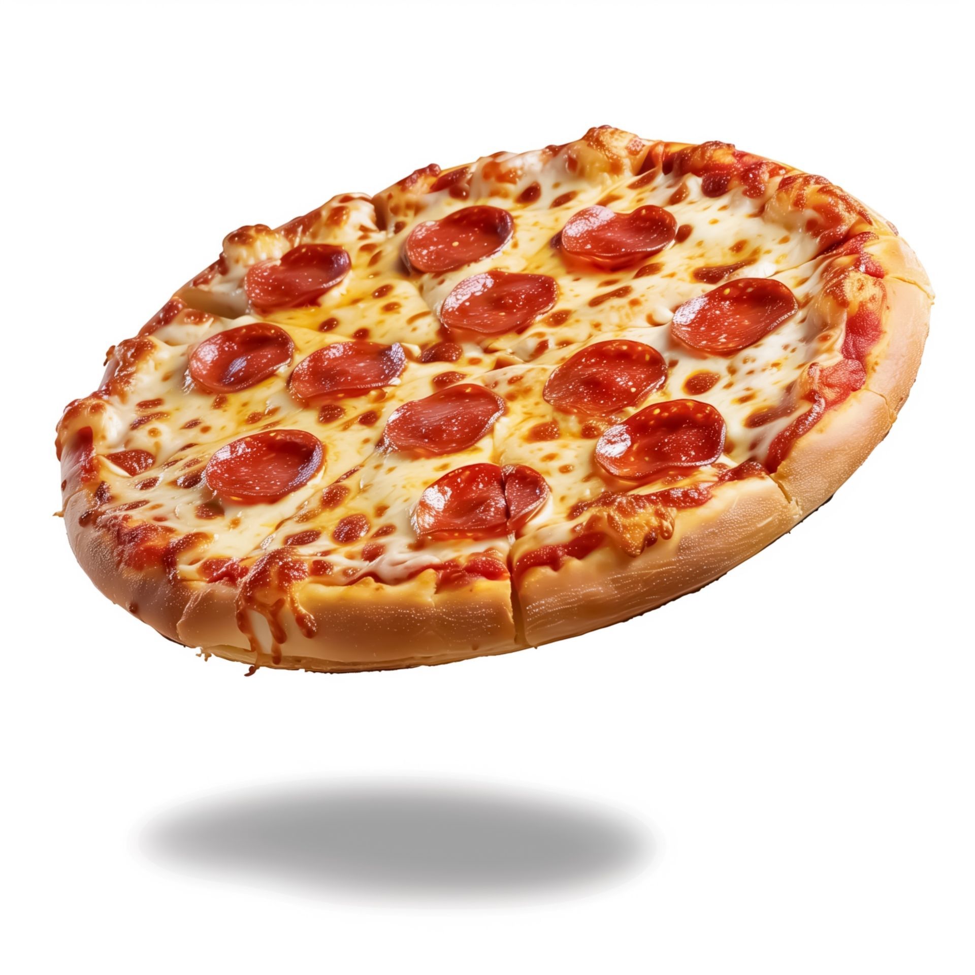 Pepperoni pizza, cut into slices, with melted cheese and shadow.