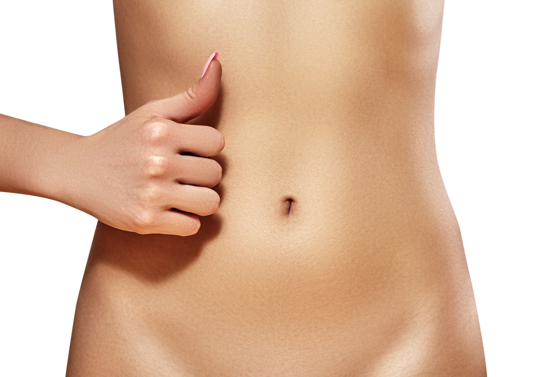 Person's torso with hand giving a thumbs-up, emphasizing a toned abdomen and belly button.