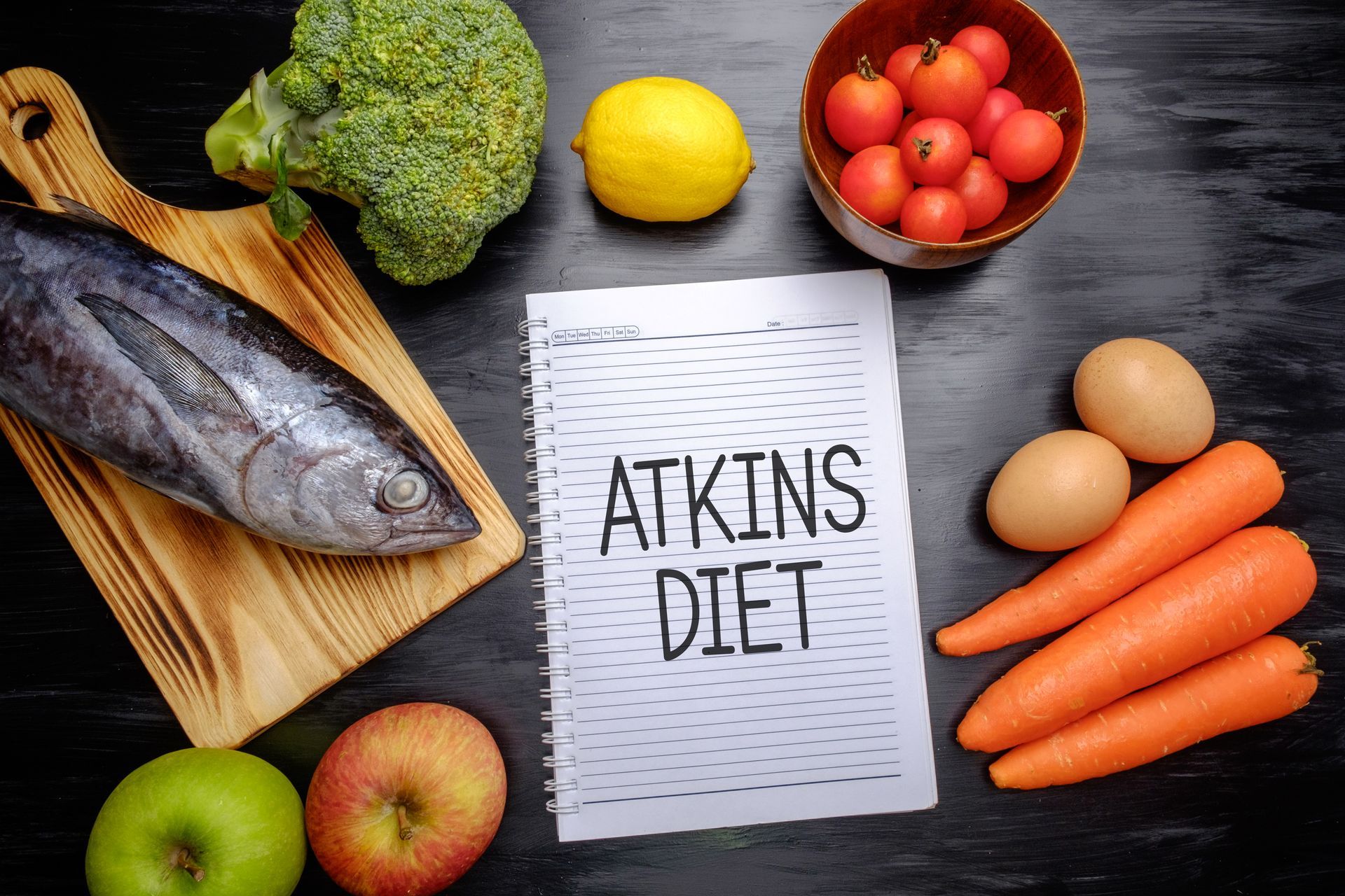 Assortment of Atkins diet foods: fish, broccoli, lemon, tomatoes, eggs, carrots, and apples.