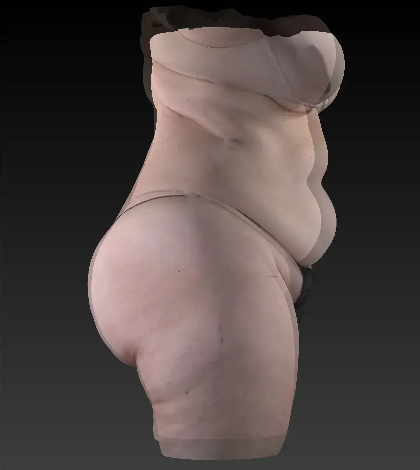 Side view of a torso with visible skin folds, wearing underwear and a bra, against a dark background.
