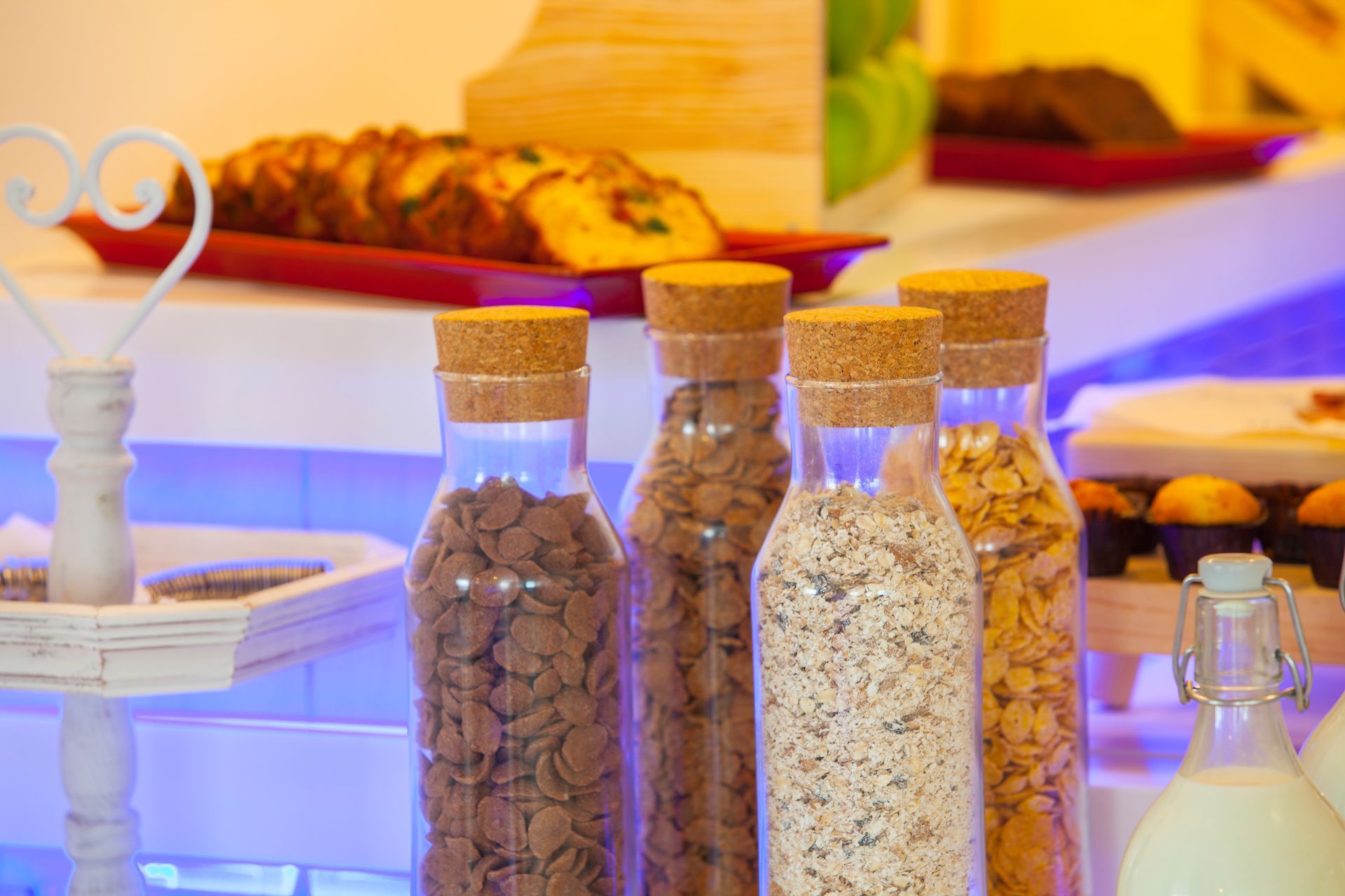 Breakfast buffet with cereal in glass jars and pastries at King Jason Protaras.