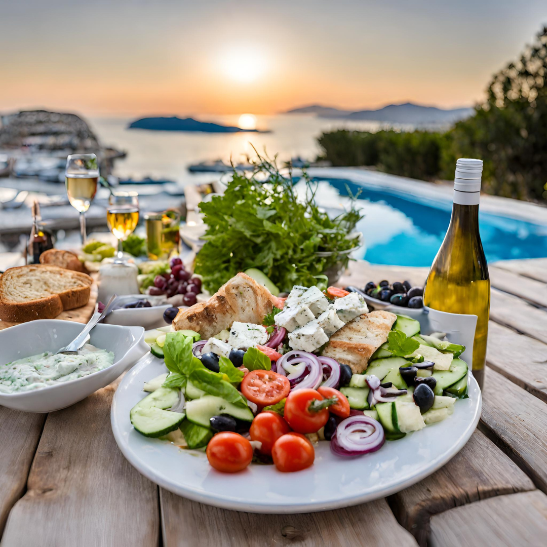 A plate of food is sitting on a wooden table next to a bottle of wine.