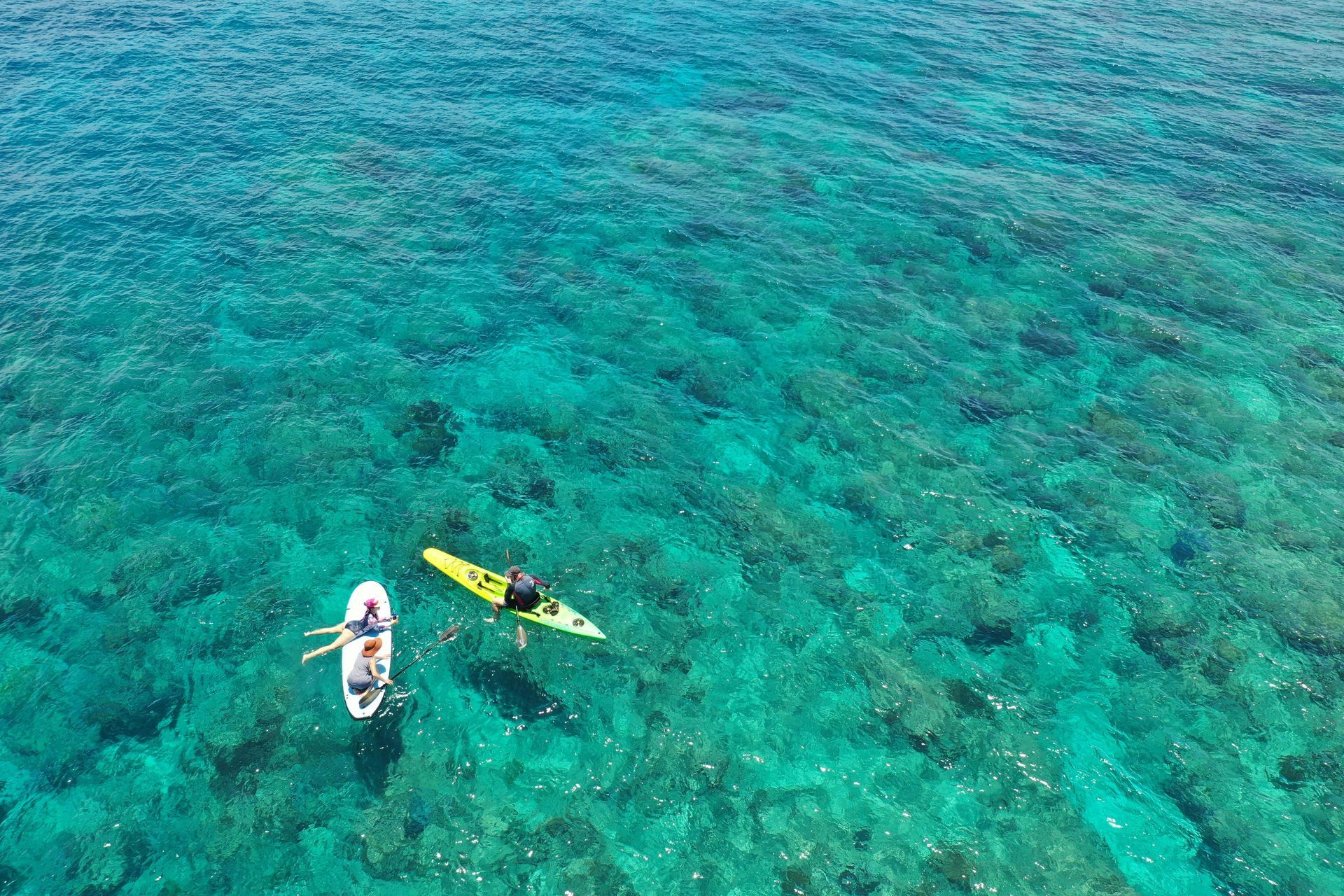Two people paddleboard and kayak on turquoise water over a coral reef.