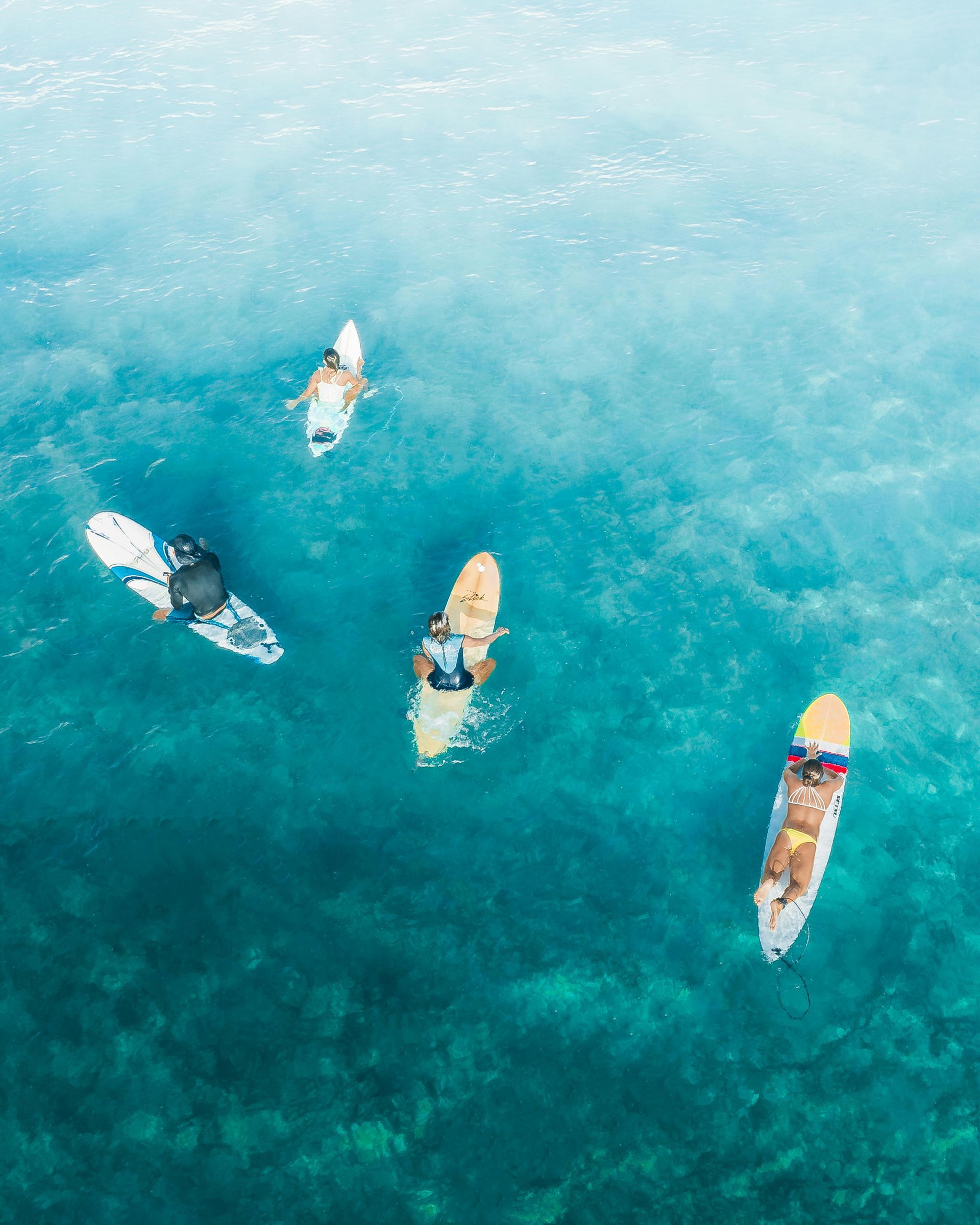 Five surfers floating on boards in clear blue ocean water.