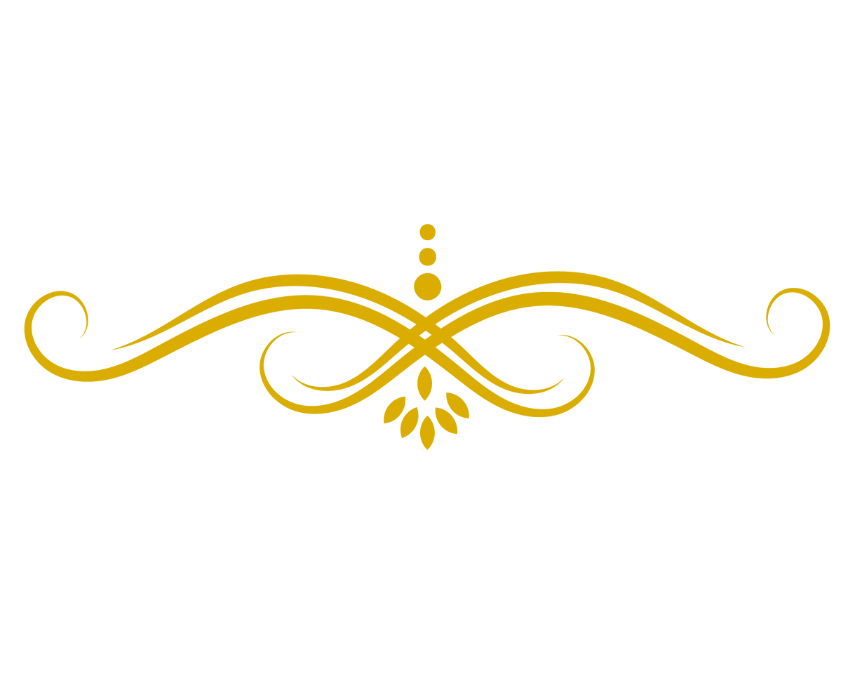 Gold ornamental flourish with symmetrical swirls and small dot accents on a white background