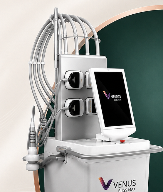 EMSculpt device strapped to a person’s abdomen during a body contouring treatment