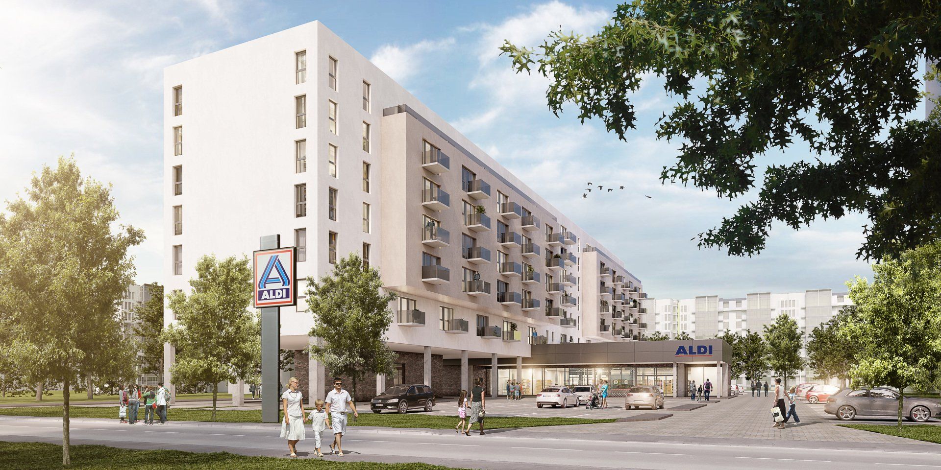 Eine künstlerische Darstellung eines großen Wohnhauses