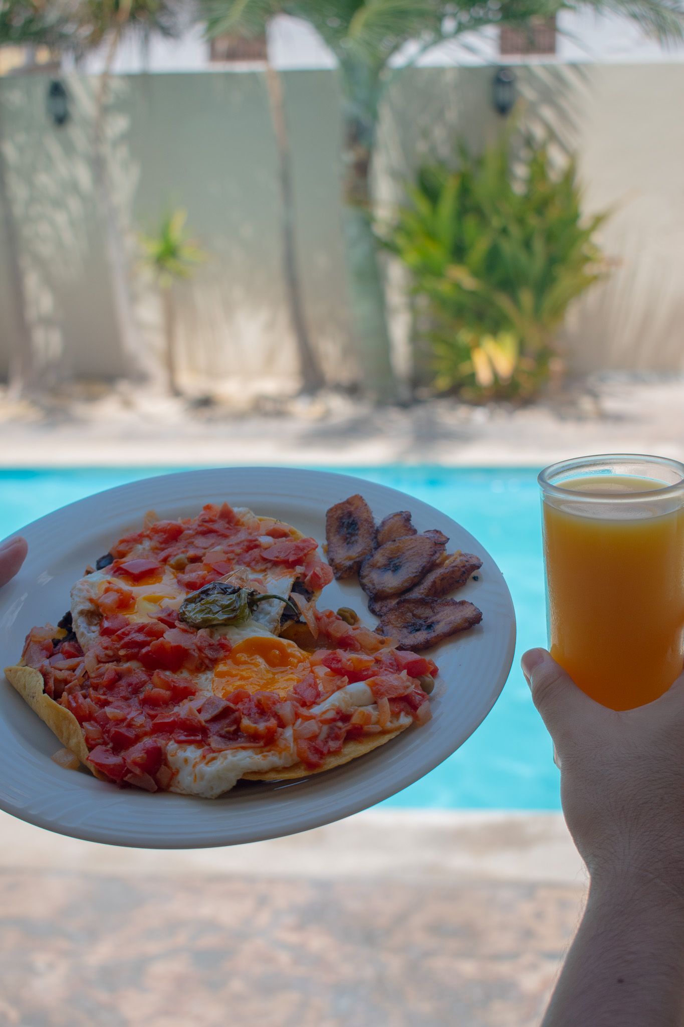 Una persona sostiene un plato de comida y un vaso de jugo de naranja frente a una piscina.