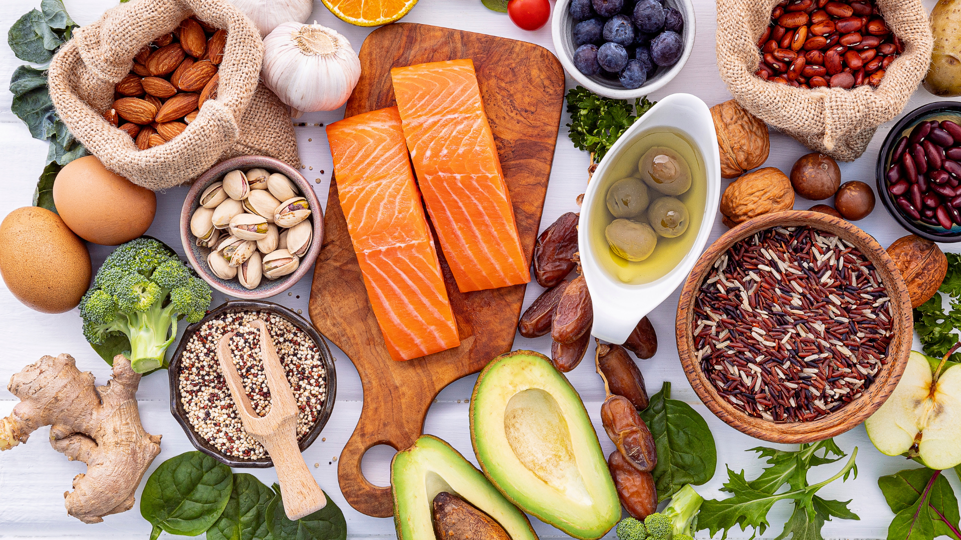 There are many different types of food on the table.