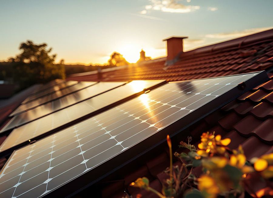 A row of solar panels on a roof with the sun shining through them.