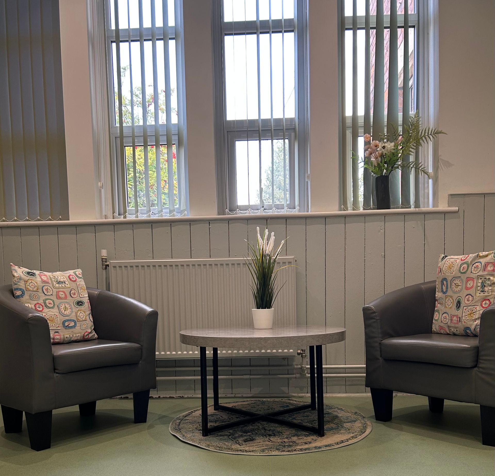 Two comfy armchairs. The setting for Catherines one to one sessions.