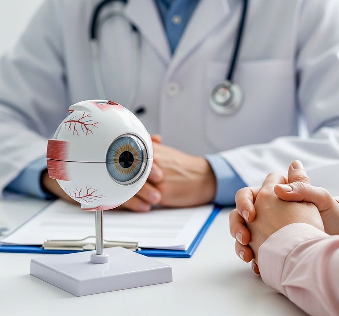 Doctor showing patient an eye model in office.