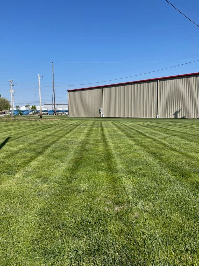 Green lawn with striped mowing pattern in front of a tan building under a blue sky.