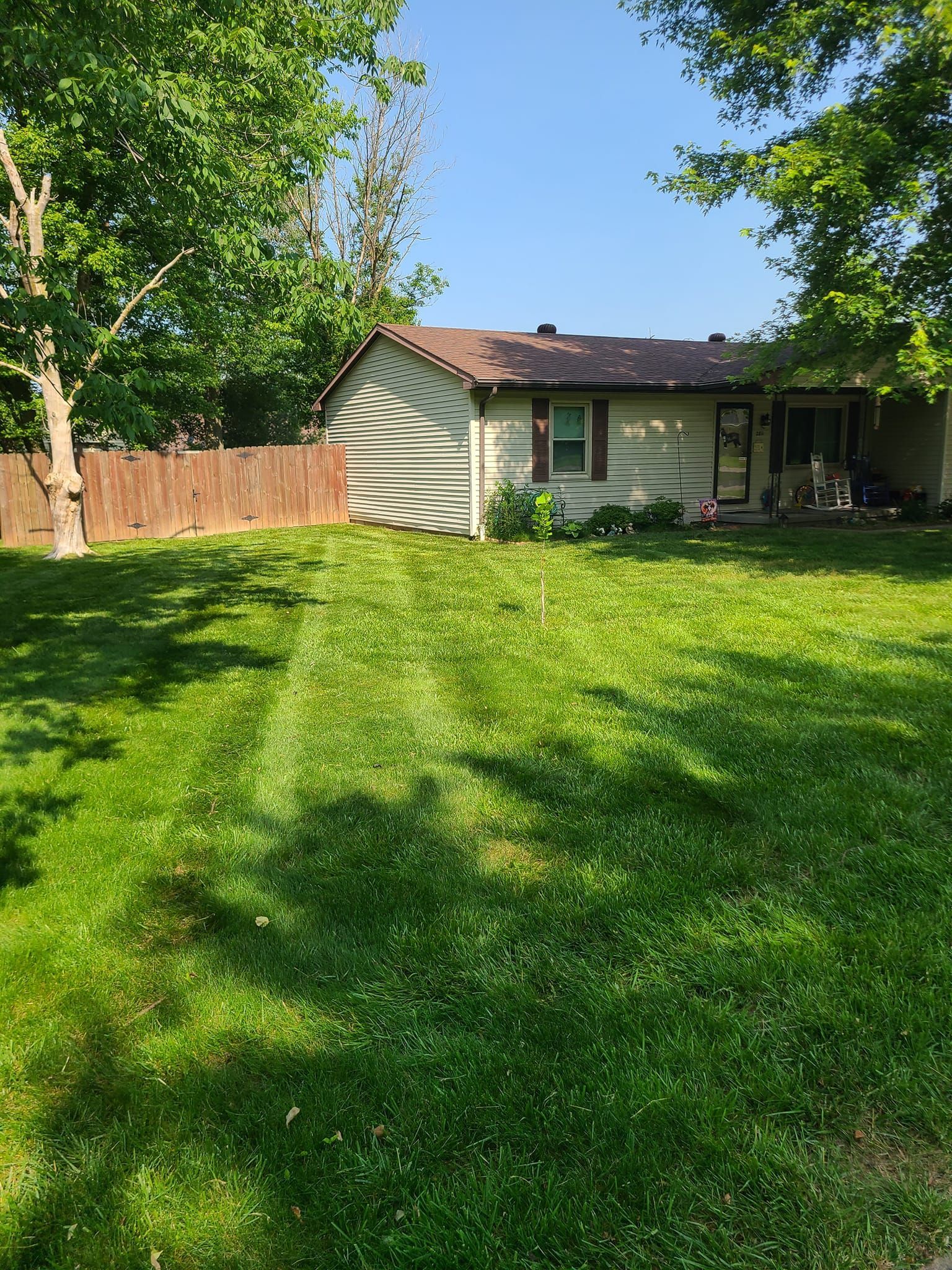 Lawn mowed in a residential backyard. Green grass, brown fence, and a beige house under a clear, sunny sky.
