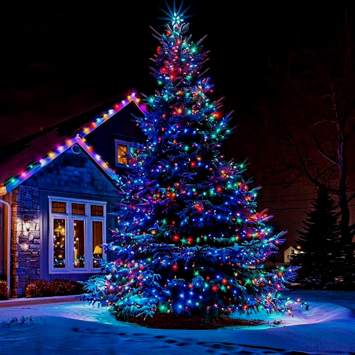 Christmas tree lit with colorful lights in front of a house at night. Snow on the ground.