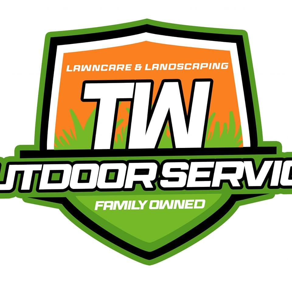 Logo for TW Outdoor Services, a lawncare and landscaping company; green and orange shield with white text.